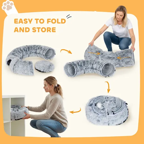 PawHut 2-in-1 Donut Cat Tunnel with Washable Bed, Play Tunnel Bed with Toy Ball and Door Hole for Indoor Cats, Light Grey - 8