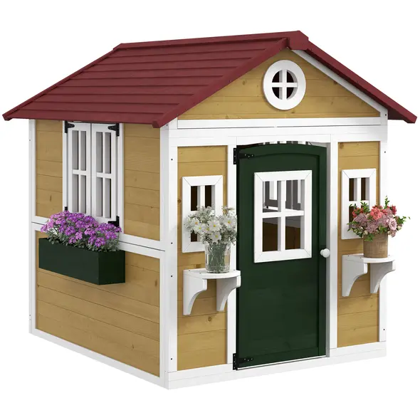 Outsunny Wooden Playhouse with Doors, Windows, Plant Pots, Boxes, for 3-8 Years - Beige - 1