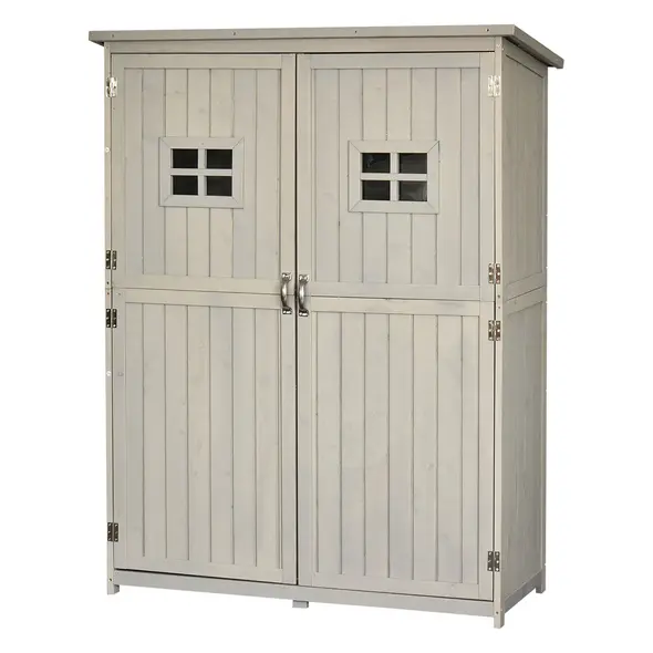 Outsunny Wooden Garden Shed with Two Windows, Tool Storage Cabinet, Outdoor Double Door Organizer 127.5L x 50W x 164H cm, Grey - 1