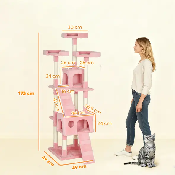 PawHut 173cm Cat Tree Scratching House, Activity Play Centre, Pink - 3