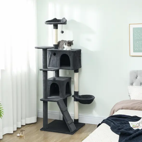PawHut 180cm Large Cat Tree Tower with Sisal Scratching Posts, Condos, Plush Perches, Hammock, Ladder, Dark Grey - 2