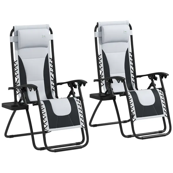 Outsunny Zero Gravity Lounger Chair Set of 2, Folding Reclining Patio Chair with Padded Seat, Cup Holder, Soft Cushion and Headrest for Poolside, Camping, Grey - 1
