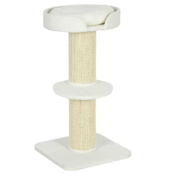 PawHut 2 Tier Sisal Sherpa Cat Tree with Basket Cushion Sisal Post Cream White - 1