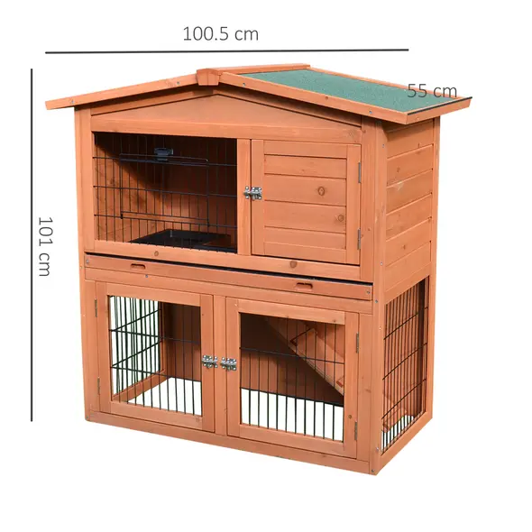 PawHut 2 Tier Rabbit Hutch Guinea Pig Hutch Ferret Cage with Ramp Slide Out Tray for Indoor Outdoor 100.5 x 55 x 101 cm - 3