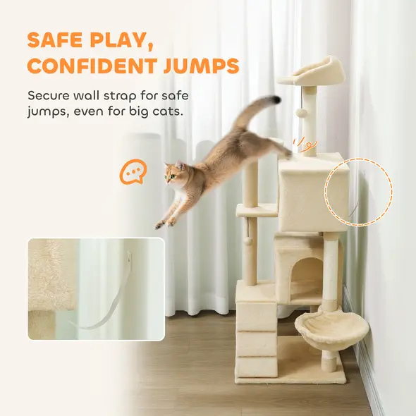 PawHut 140cm Large Cat Tree Tower with Sisal Scratching Posts, Plush Perches, Hammock, Beige - 6