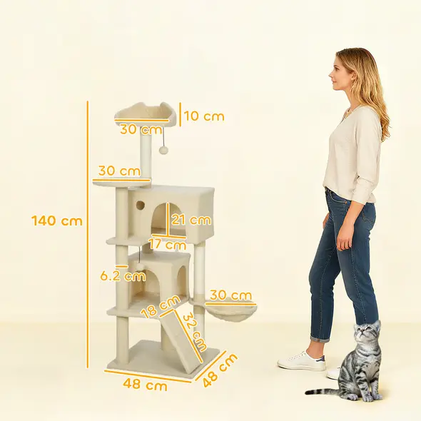 PawHut 140cm Large Cat Tree Tower with Sisal Scratching Posts, Plush Perches, Hammock, Beige - 3