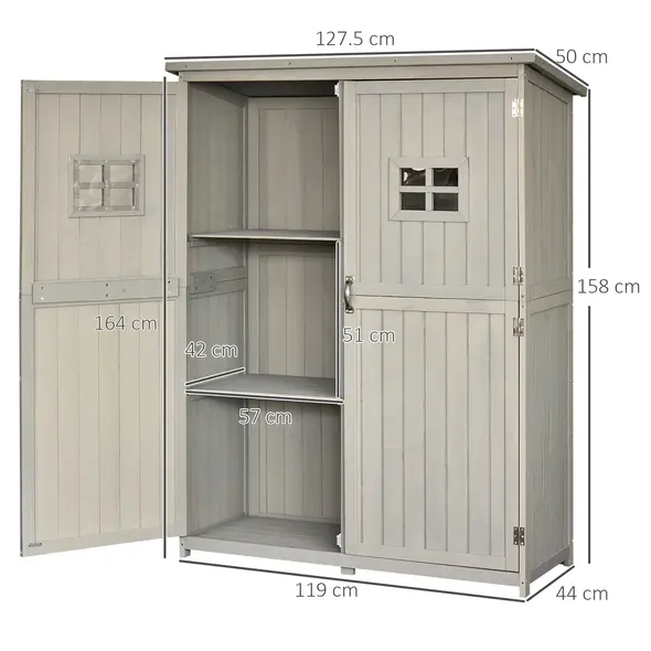 Outsunny Wooden Garden Shed with Two Windows, Tool Storage Cabinet, Outdoor Double Door Organizer 127.5L x 50W x 164H cm, Grey - 3