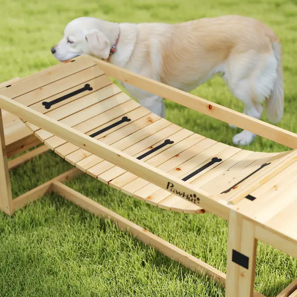 PawHut 3 Pieces Wooden Dog Agility Training Equipment with Soft Bridge, Pause Platform and Pet Stair for Outdoor, Natural Wood - 8