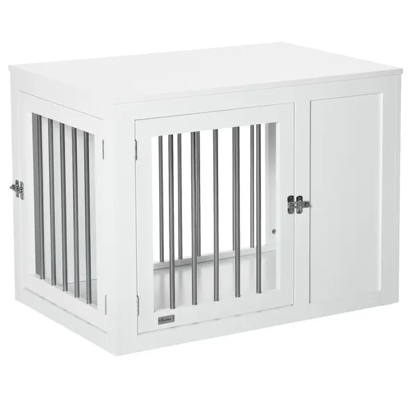 PawHut 2-in-1 Dog Cage and Side Table, with Two Lockable Doors, for Medium Dogs - White - 1