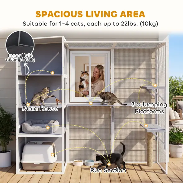 PawHut 4-Tier Wooden Catio Cat Outdoor Enclosure with Sun Roof, Resting Rooms, 3 Platforms, Window Outdoor Indoor, Grey - 4