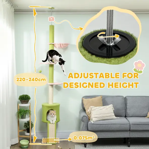PawHut 220-240 cm Floor to Ceiling Cat Tree Adjustable Height with Hammock, Condo, Scratching Posts, Green - 4
