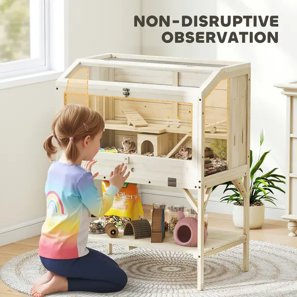 PawHut 2 Tier Wooden Hamster Cage with Shelf and Openable Top - 6