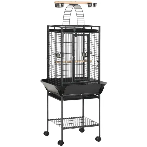 PawHut 156cm Bird Cage,Large Parrot Cage with Open Play Top, Perch, Seed Guard, Wheels, Storage Shelf, Dark Grey - 1