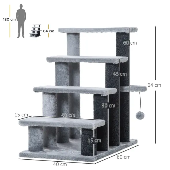 PawHut 4-step Pet Stairs with Scratching Posts, Platforms, Toy Ball, Grey - 3