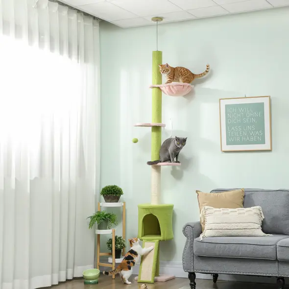 PawHut 220-240 cm Floor to Ceiling Cat Tree Adjustable Height with Hammock, Condo, Scratching Posts, Green - 2