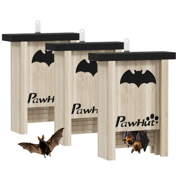 PawHut 3PCs Wooden Bat Boxes, Bat Houses Designed to Attract Bats & Easy to Hang for Outdoor, Garden, Farm, 18 x 6 x 22.5 cm - 1