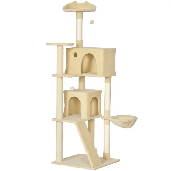 PawHut 180cm Large Cat Tree Tower with Sisal Scratching Posts, Condos, Plush Perches, Hammock, Ladder, Beige - 1