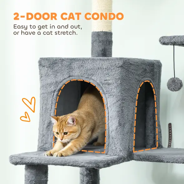 PawHut 202cm Large Cat Tree with 6 Scratching Posts, 2 Hammocks, 2 Condos, 2 Perches, Pompoms, for Indoor Cats to Rest and Play - 5