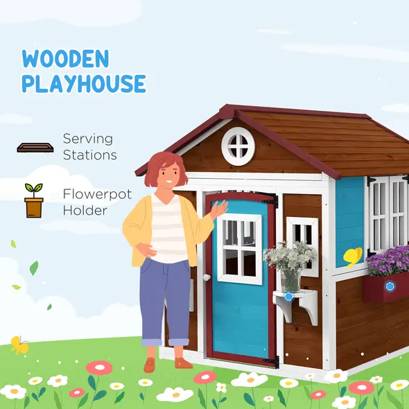 Outsunny Wooden Playhouse with Doors, Windows, Plant Pots, Boxes, for 3-8 Years - Dark Brown - 4