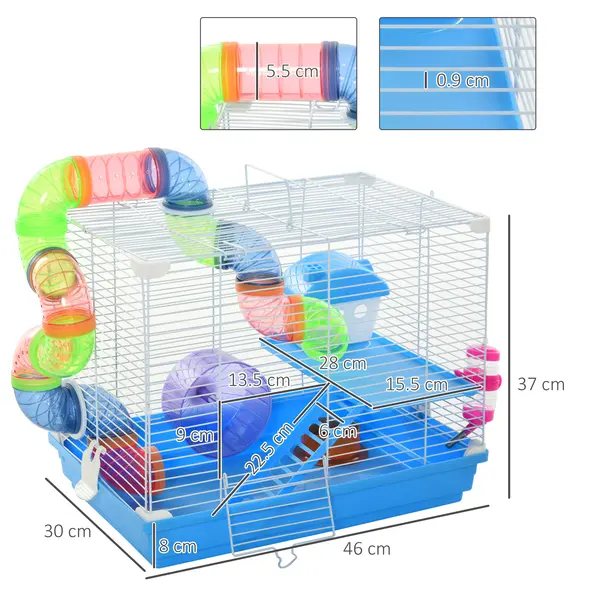 Pawhut 2 Tier Hamster Cage, Gerbil Cage with Handle, Exercise Wheels, Tunnel, Tube, Water Bottle, Dishes, Ladder, for Dwarf, Blue - 3