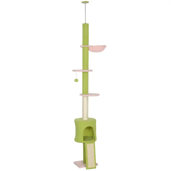 PawHut 220-240 cm Floor to Ceiling Cat Tree Adjustable Height with Hammock, Condo, Scratching Posts, Green - 1