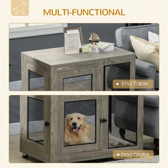 PawHut 2-in-1 Dog Cage & Side Table, with Two Doors, Cushion, for Large Dogs - 5