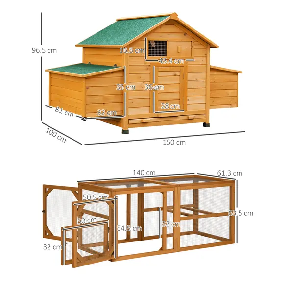 PawHut 2 Piece Wooden Chicken Coop and Run Set, Poultry Run Cage with Nesting Box, Slide-Out Tray, for 4-8 Chickens, Yellow - 3