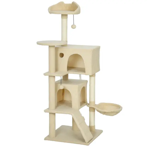PawHut 140cm Large Cat Tree Tower with Sisal Scratching Posts, Plush Perches, Hammock, Beige - 1