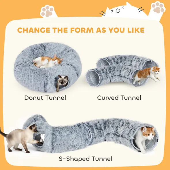 PawHut 2-in-1 Donut Cat Tunnel with Washable Bed, Play Tunnel Bed with Toy Ball and Door Hole for Indoor Cats, Light Grey - 4
