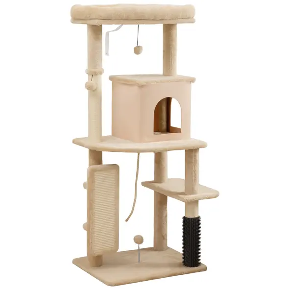 PawHut 132cm Cat Tree w/ Scratching Posts, Pad, Cat Bed, Cat House, Jumping Platform, Grooming Brush, Anti-Tip Kit, Beige - 1