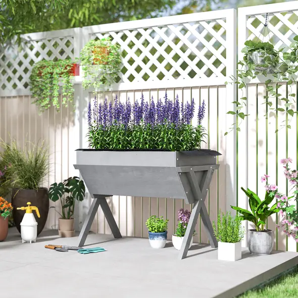 Outsunny Wooden Raised Garden Bed with Bed Liner, Elevated Planter Box with Legs, Light Grey - 7