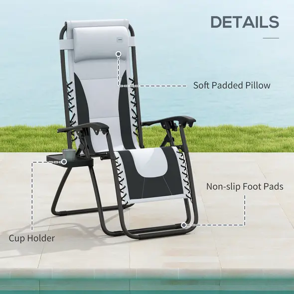 Outsunny Zero Gravity Lounger Chair Set of 2, Folding Reclining Patio Chair with Padded Seat, Cup Holder, Soft Cushion and Headrest for Poolside, Camping, Grey - 7