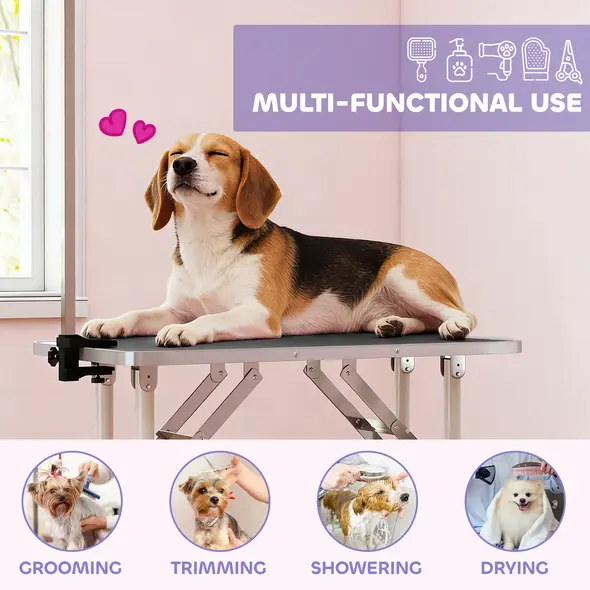 PawHut 32" Foldable Dog Grooming Table Pet Drying Beauty Table Adjustable Fixed Arm Rubber Top, Black - 7