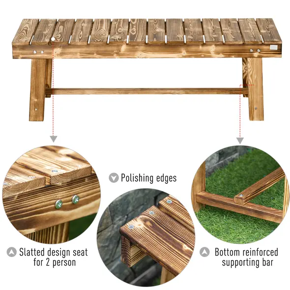 Outsunny Wooden Garden Benches, 2 Seater Outdoor Benches, Fir Wood Backless Patio Loveseat with Slatted Seat for Park, 110 x 38 x 35 cm, 5 Pieces, Carbonised - 6