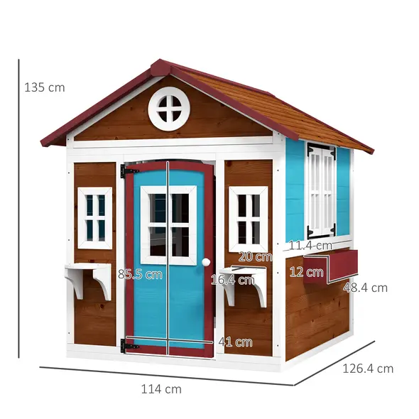 Outsunny Wooden Playhouse with Doors, Windows, Plant Pots, Boxes, for 3-8 Years - Dark Brown - 3