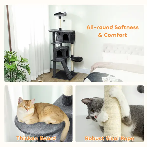 PawHut 180cm Large Cat Tree Tower with Sisal Scratching Posts, Condos, Plush Perches, Hammock, Ladder, Dark Grey - 7