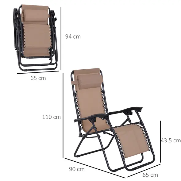 Outsunny Zero Gravity Chair Set of 2, Metal Frame Texteline Armchair Outdoor Folding and Reclining Sun Lounger with Head Pillow for Patio Decking Gardens Camping, Beige - 3