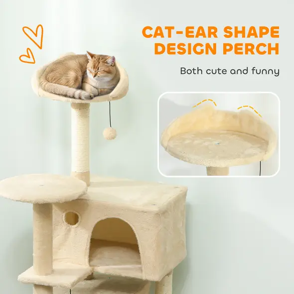 PawHut 140cm Large Cat Tree Tower with Sisal Scratching Posts, Plush Perches, Hammock, Beige - 5