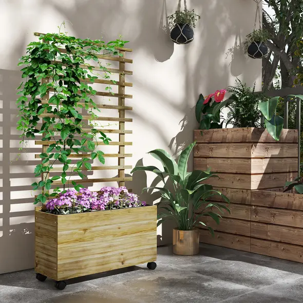 Outsunny Wooden Raised Planter, with Back Trellis - Natural Finish - 2