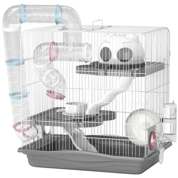 PawHut 3-Tier Hamster Cage with Exercise Wheels, Water Bottle, Food Dish, for Dwarf Hamsters, 45 x 30 x 45 cm, Grey - 1