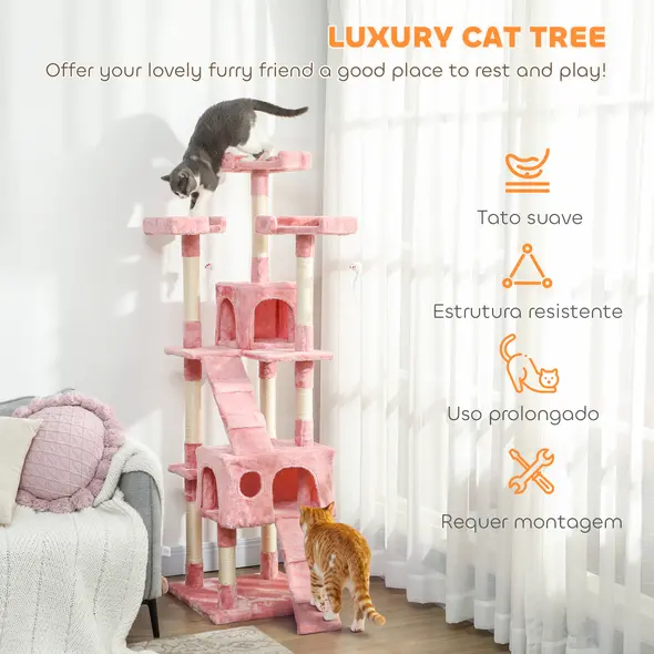 PawHut 173cm Cat Tree Scratching House, Activity Play Centre, Pink - 4