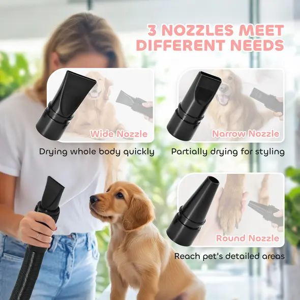 PawHut 2200W Dog Hair Dryer with Adjustable Temperature & Velocity, 3 Different Nozzles, Pink - 6