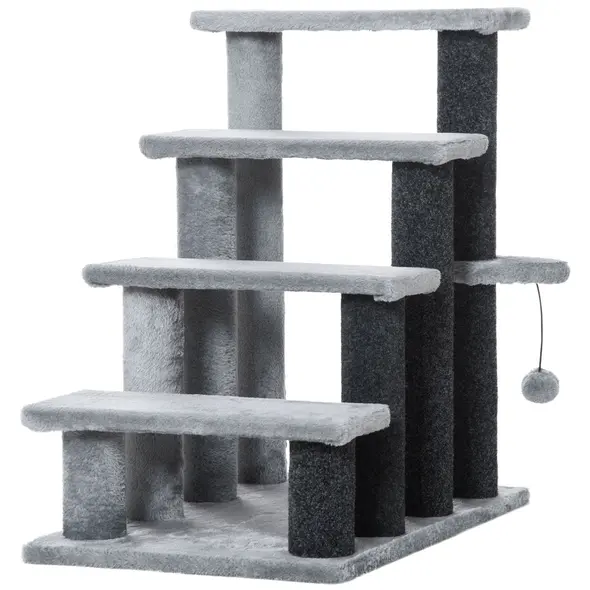 PawHut 4-step Pet Stairs with Scratching Posts, Platforms, Toy Ball, Grey - 1