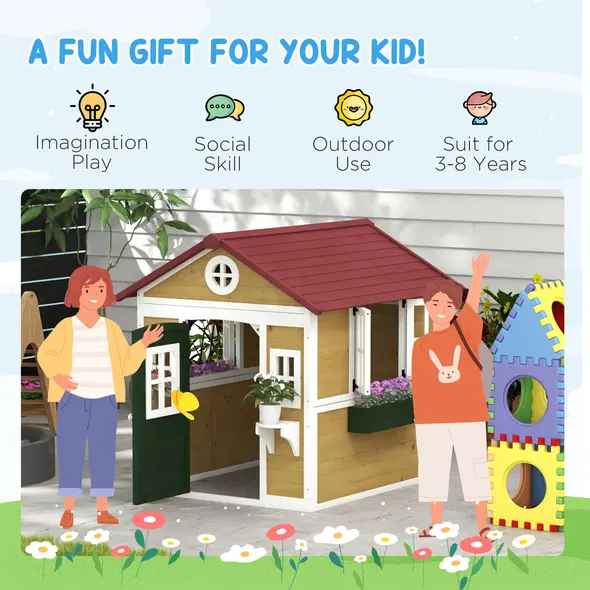 Outsunny Wooden Playhouse with Doors, Windows, Plant Pots, Boxes, for 3-8 Years - Beige - 7