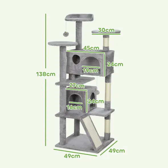 PawHut 138cm Cat Tree, Multi-Level Cat Tower with Scratching Posts and Pad, Bed, Condos, Platforms, Toy Balls, Light Grey - 3