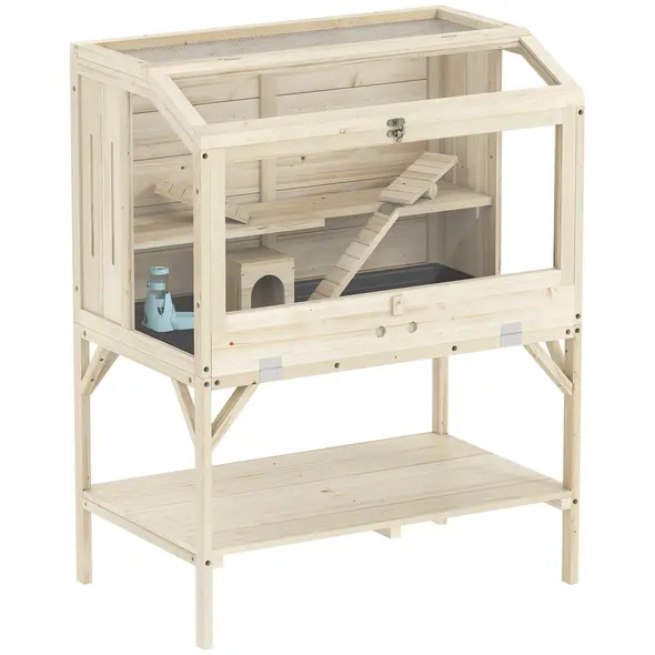 PawHut 2 Tier Wooden Hamster Cage with Shelf and Openable Top - 1