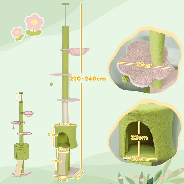 PawHut 220-240 cm Floor to Ceiling Cat Tree Adjustable Height with Hammock, Condo, Scratching Posts, Green - 3