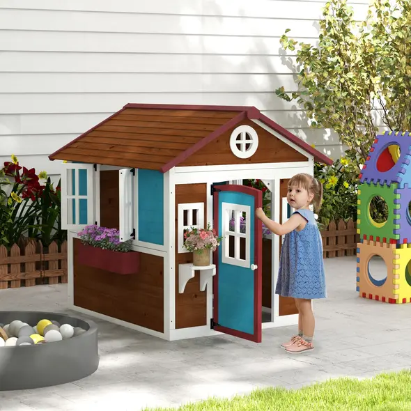 Outsunny Wooden Playhouse with Doors, Windows, Plant Pots, Boxes, for 3-8 Years - Dark Brown - 2