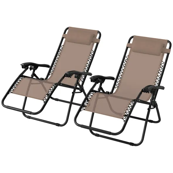 Outsunny Zero Gravity Chair Set of 2, Metal Frame Texteline Armchair Outdoor Folding and Reclining Sun Lounger with Head Pillow for Patio Decking Gardens Camping, Beige - 1