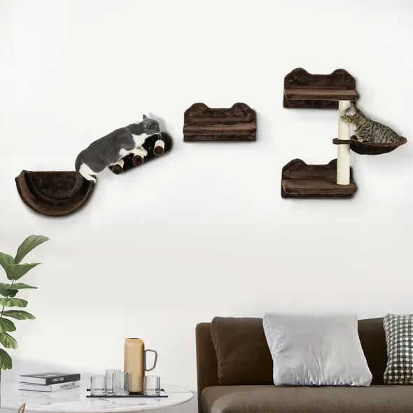 PawHut 4PCs Wall-Mounted Cat Shelves w/ Scratching Post, Hammock, Nest - Brown - 2